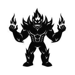 Fierce fire elemental character design vector illustration in bold black and white colors on isolated background