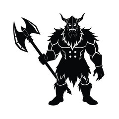 Powerful viking warrior silhouette holding battle axe ready for combat against adversaries in graphic style