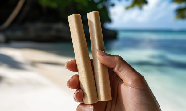 Natural wooden sticks held by hand near serene beach, evoking sense of relaxation