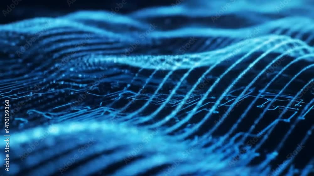 Poster abstract blue waves of light forming digital circuitry patterns
