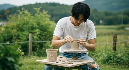 Potter Shaping Clay on Wheel in Outdoor Workshop