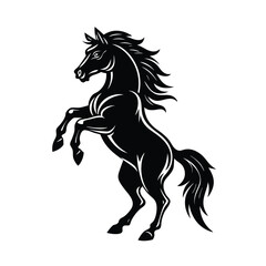 Majestic black horse in a rearing position silhouette against a white background for designs