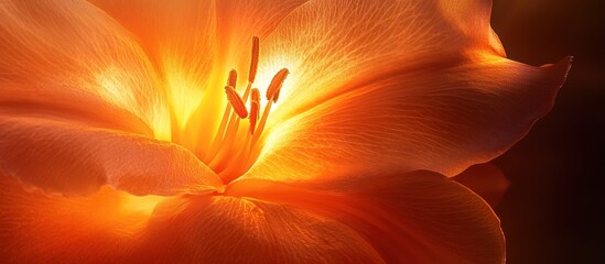 Illuminated orange flower closeup, dark background, nature photography, website banner