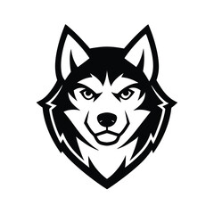 Detailed black and white illustration of a powerful and focused husky head design perfect for badges © SandhaRani