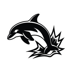 A jumping dolphin silhouette with water splashes in black and white vector illustration