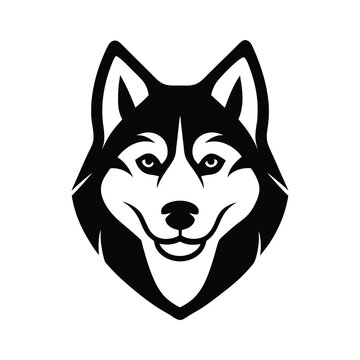 Detailed black and white husky dog head logo design showing a smiling face and strong expression