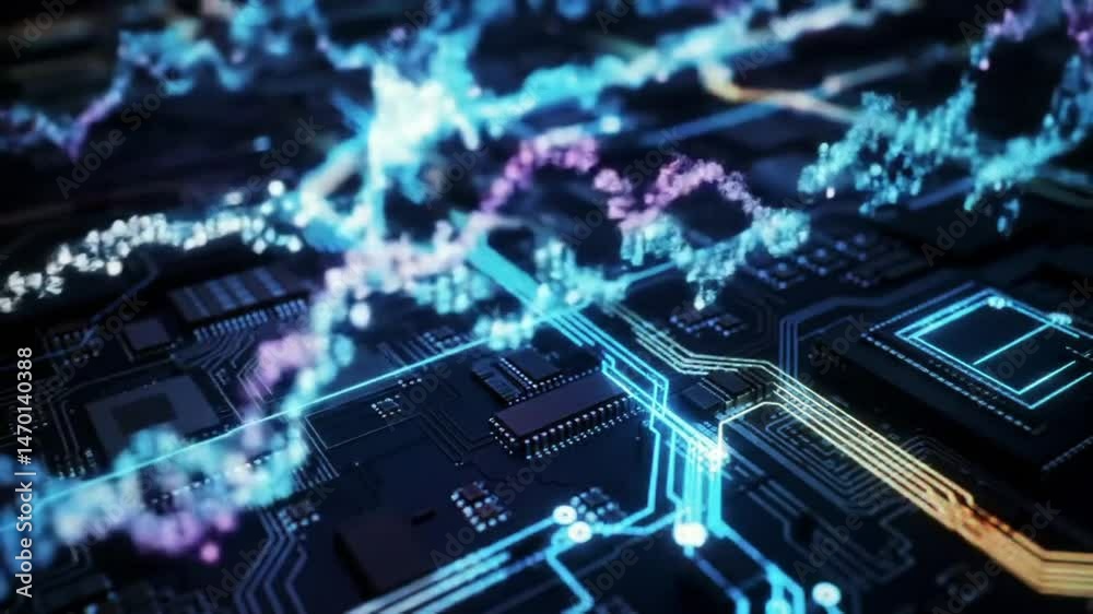 Poster Abstract Circuit Board with Glowing Data Lines and Animated Visualizations