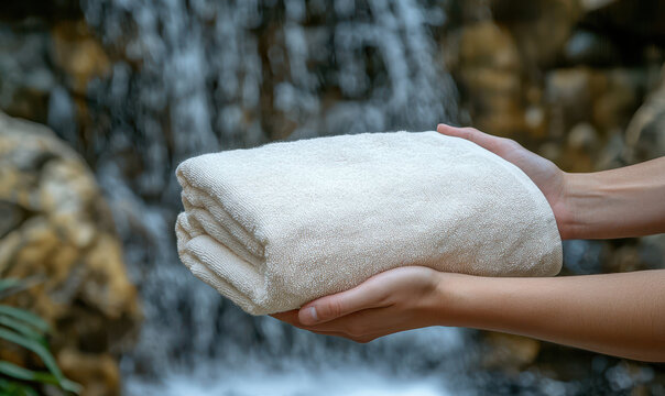 Soft cotton towel held near serene waterfall, evoking tranquility and relaxation
