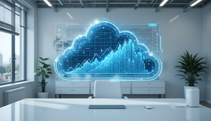 Floating Holographic Chart Emerging from Digital Cloud in Clean White Office Futuristic Technology Visualization for Data Analysis