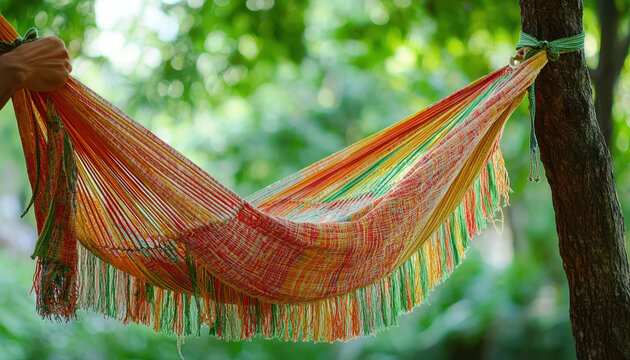 Colorful hammock tied between trees in lush green setting, inviting relaxation and tranquility