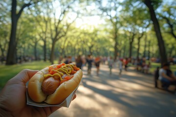 New York City hot dog served fresh in sunny Central Park moment