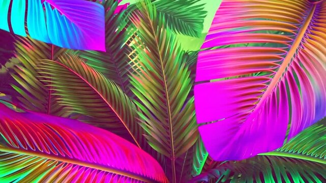 Vibrant palm leaves background with glowing neon color palette tropical vibes