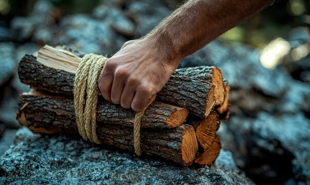 Gathering firewood, hand grips bundle of logs tied with rope, showcasing nature beauty