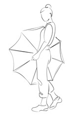One continuous single drawing line art flat doodle umbrella, girl, rain, female, woman, weather, fashion, happy, rainy. Isolated image hand draw contour on a white background, hand drawn, not AI