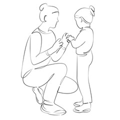 One continuous single drawing line art flat doodle mother, child, family, fun, childhood, lifestyle, daughter, happiness. Isolated image hand draw contour on a white background, hand drawn, not AI