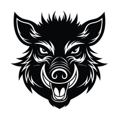 Bold black and white illustration of a fierce wild boar head suitable for badges or emblems