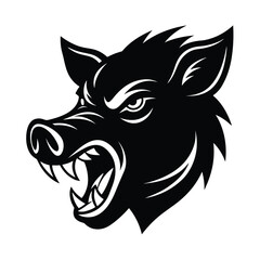 Fierce black and white illustration of a snarling wild boar head perfect for logos and emblems