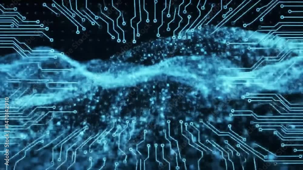 Poster abstract circuit board with flowing light streaks animation background