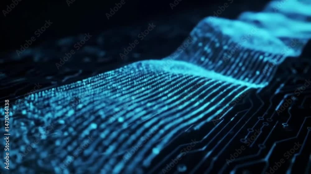 Poster animated circuit board with glowing blue data streams and electronic signals