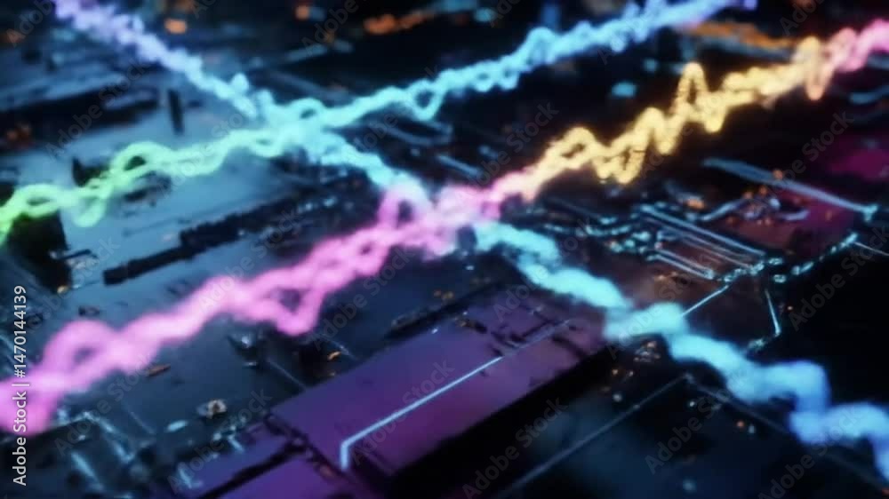 Poster Colorful Data Streams Flowing Over a Detailed Computer Circuit Board