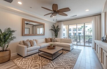 Light and airy living area with modern furniture and patio access.  Spacious, bright, and inviting