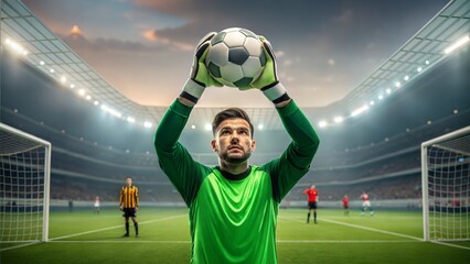 Goalkeeper catching the ball during a football game in stadium