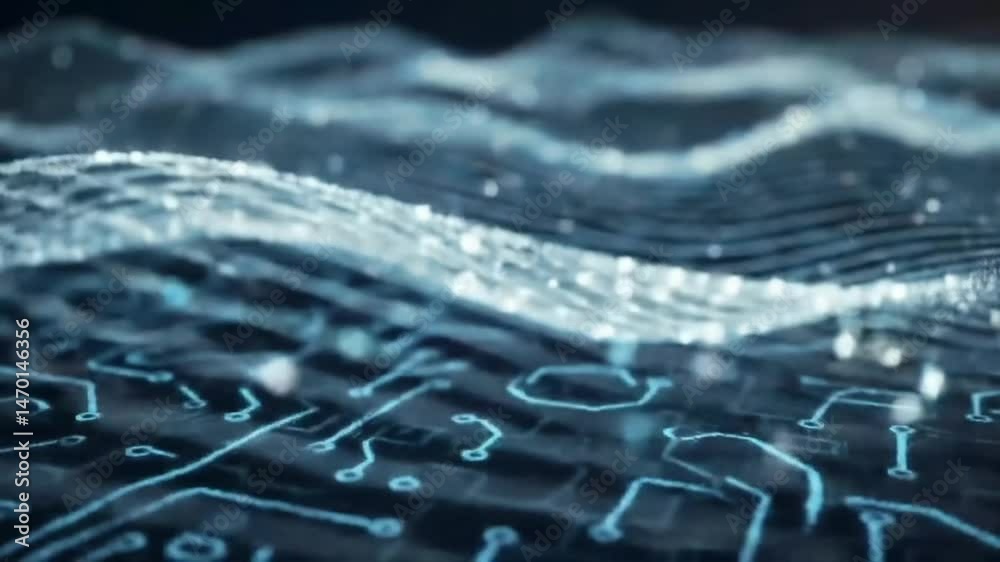 Poster Abstract Circuit Board Animation with Flowing Data Streams and Digital Landscape