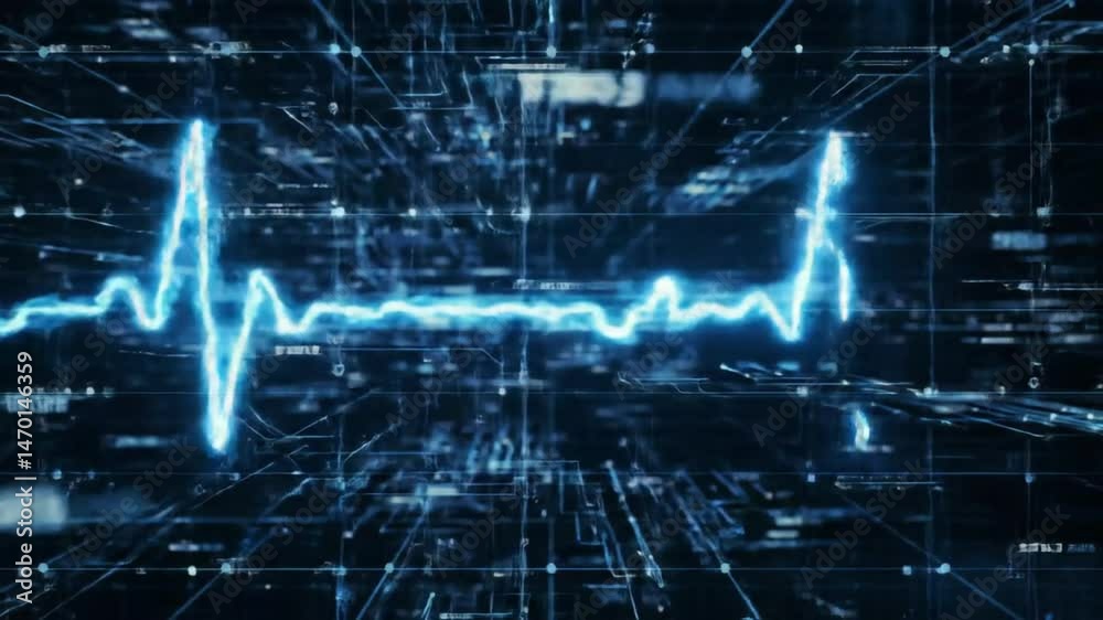 Poster digital heartbeat: animated ekg pulse with futuristic grid and data overlay