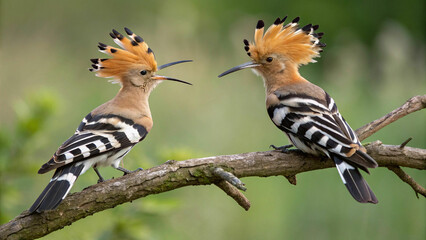 pair of colorful hoopoe birds perched on branch