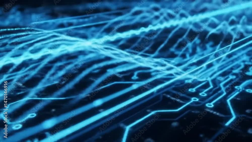 Aufkleber Animated Circuit Board with Glowing Blue Traces and Data Signals