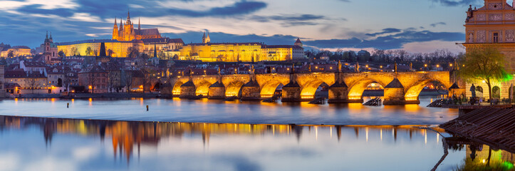 Charles Bridge and Historic Prague Complex at Sunset, Prague, Czech Republic