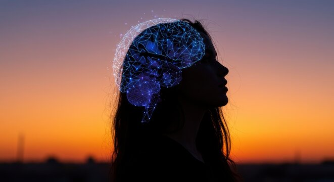 Silhouette person sunset brain graphic