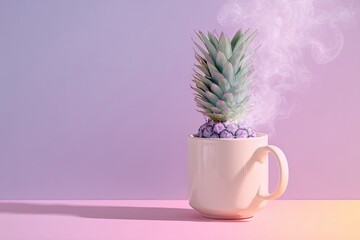 Pineapple Top in Cup with Smoke on Pastel Background