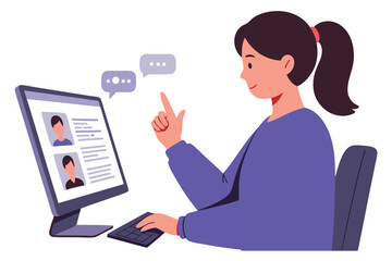 Woman Engaged in Online Meeting with Computer and Chat Interaction