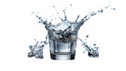 A dynamic splash of water erupts from a clear glass, capturing the essence of refreshment and vitality in a vibrant, high-speed moment.