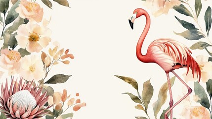 Naklejka premium Elegant flamingo and botanical artwork displaying grace and floral elements