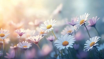 A field of white daisies with yellow centers bathed in warm golden sunlight.