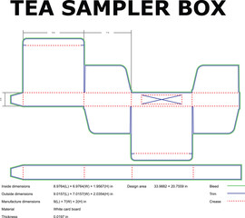 Diagram of a tea sampler box template with detailed dimensions and specifications for packaging