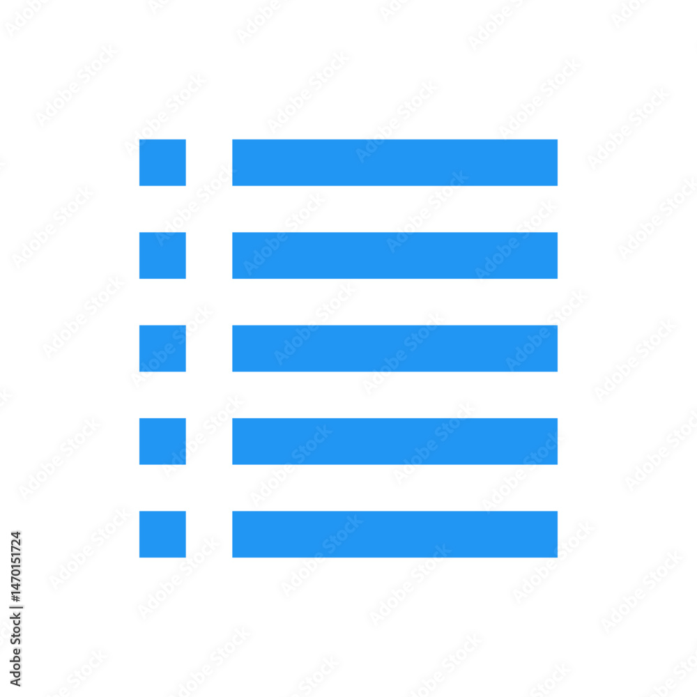 Poster blue list icon with five horizontal bars and five square markers on white background representing me