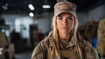 Fototapeta premium This striking image features a confident female soldier in full military attire, showcasing strength and determination in a modern military environment.