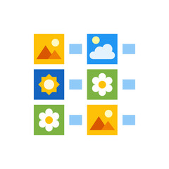 Illustration of a grid with squares containing images of nature elements and light blue squares in between