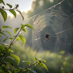 Spider hanging in a dewy orb web amidst lush green foliage at dawn with soft sunlight
