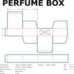 Detailed blueprint for perfume box packaging die cut design showing dimensions and manufacturing specifications