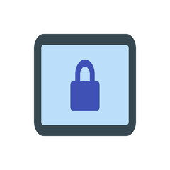 Illustration of a dark gray tablet displaying a light blue screen with a blue padlock in the center