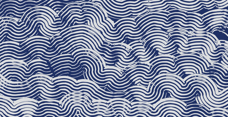 Crafted hand drawn ink brush lines abstract waves and water pattern, Japanese, ethic, tribal wood carving, sculpting texture background in white and traditional blue, simple graphic for carpet