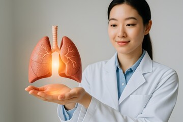 Smiling Doctor Holding Glowing Lungs Hologram in Hand for Pulmonary Health and Respiratory Medicine Concept
