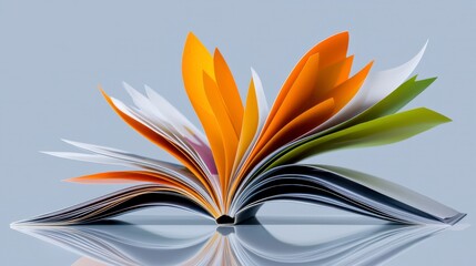 Open Book with Colorful Pages Arranged Artistically Against Soft Gray Background