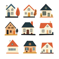 Cute Hand Drawn Houses Vector Illustration Set Of Colorful Buildings With Trees Isolated On White Background