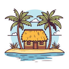Tropical Island Hut With Palm Trees In Cartoon Style Illustration Vector