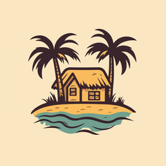 Tropical Beach Hut Illustration With Palm Trees And Ocean Waves For Summer Vacation